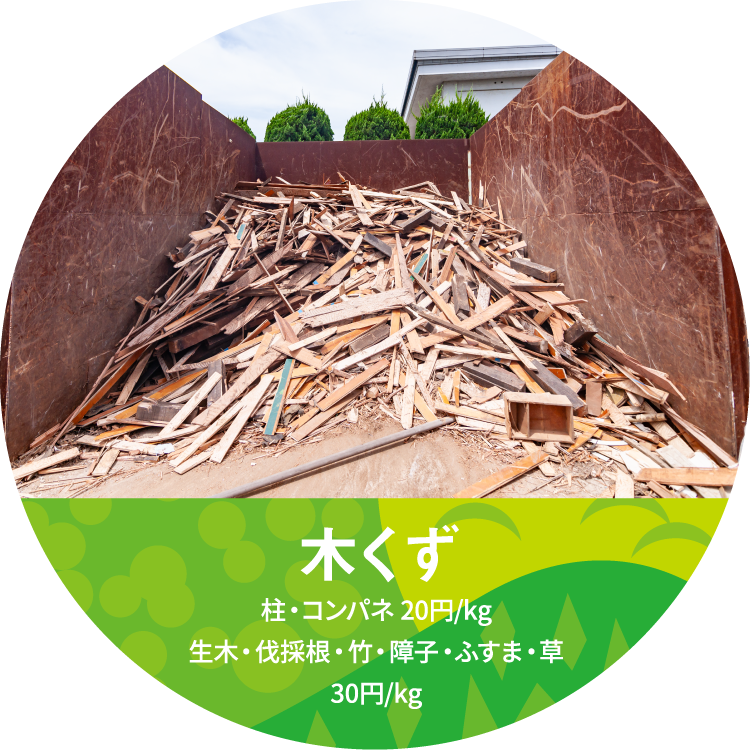 木くず 柱・コンパネ 20円/kg ⽣⽊・伐採根・⽵・障⼦・ふすま・草 30円/kg