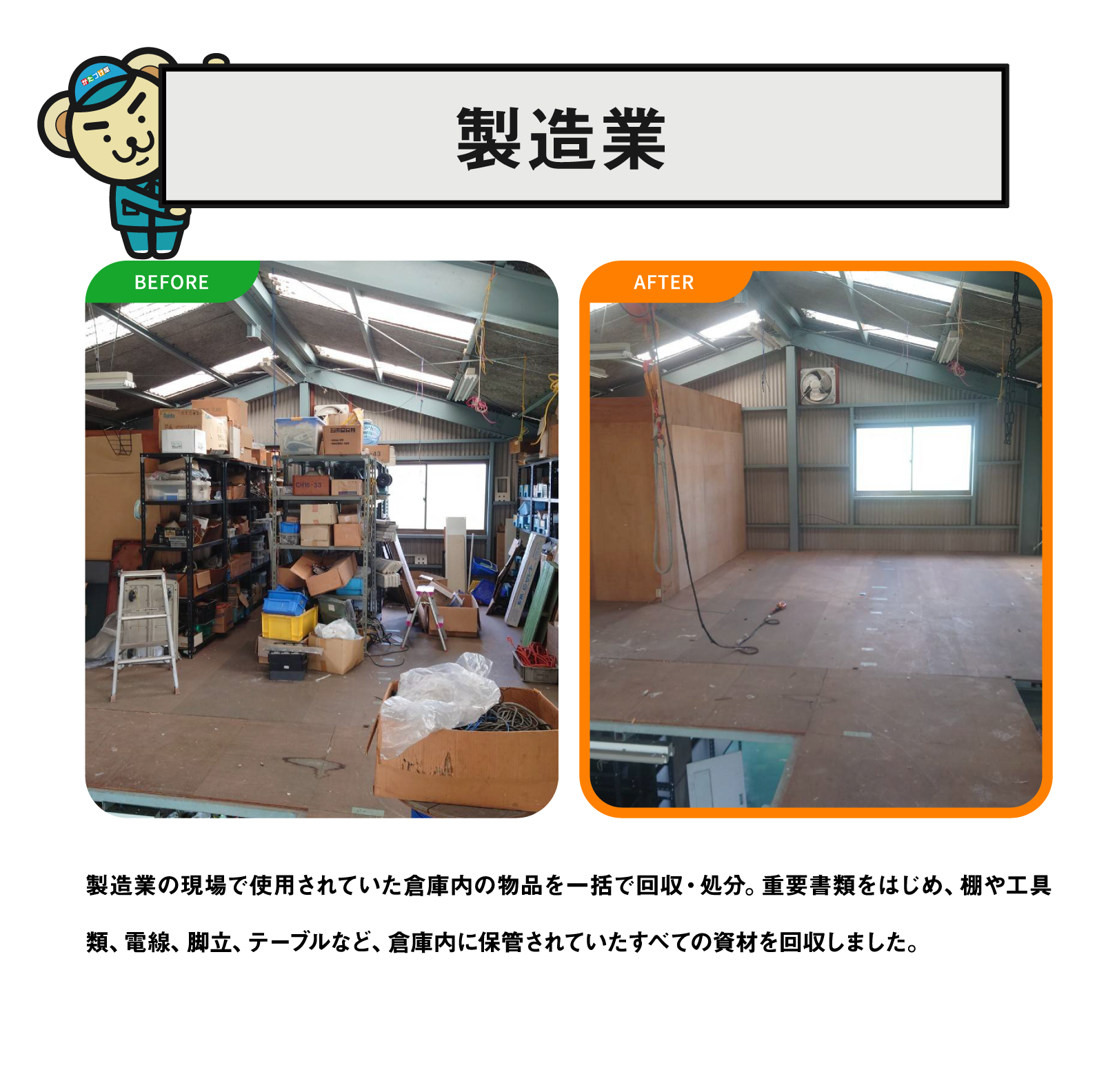 製造業 製造業の現場で使用されていた倉庫内の物品を一括で回収・処分。重要書類をはじめ、棚や工具類、電線、脚立、テーブルなど、倉庫内に保管されていたすべての資材を回収しました。